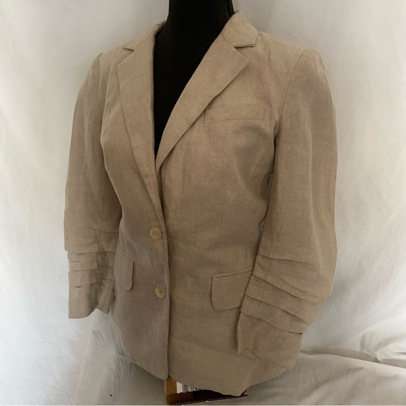 Michael Kors Linen Khaki Blazer with Ruched Sleeves sz M - Picture 10 of 12